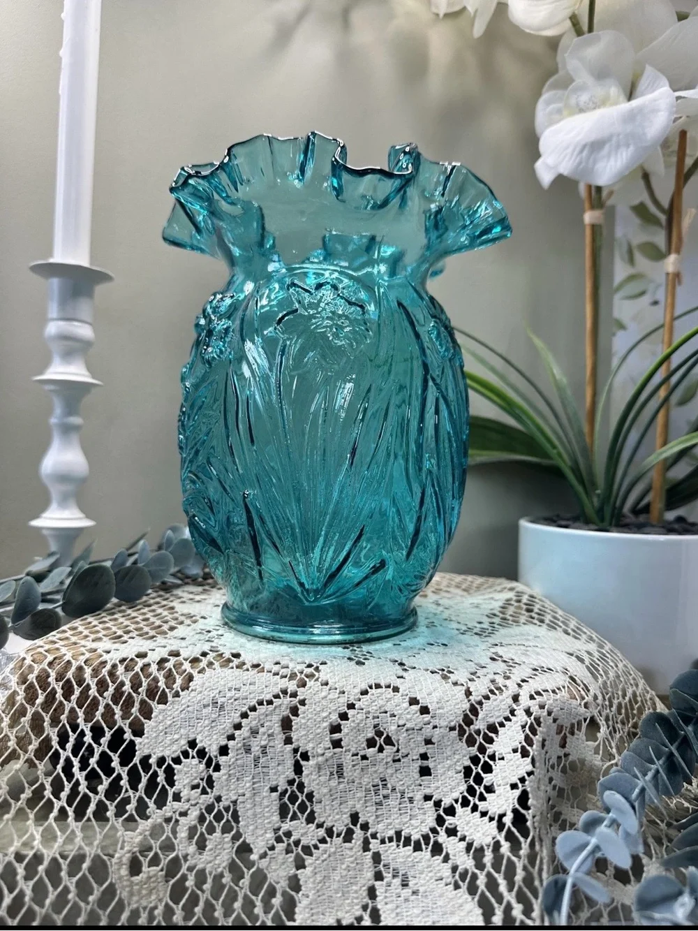 🌼 Vintage Fenton Glass Teal Blue Daffodil Vase 🌼